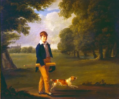 Young Man with a Cricket Bat Walking a Spaniel in the Grounds of Eton College by Ramsay Richard Reinagle